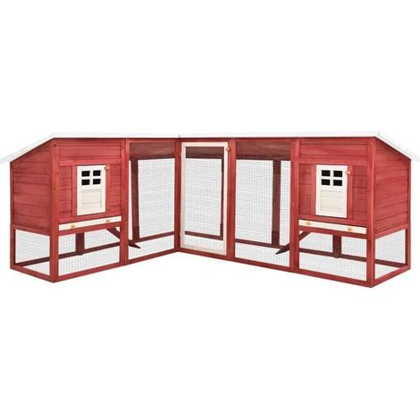 Clapier d'extérieur pour lapins avec espace d'activité, rayures rouges et blanches, en bois de cèdre.