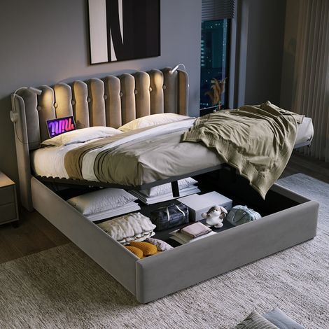 Cama doble 140x200 cm con luz de lectura función de carga USB tapizada en terciopelo color gris(Sin Colchón) (1/5)