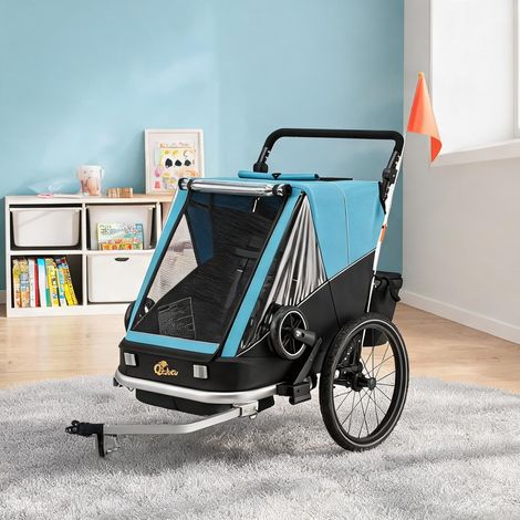 Remorque vélo enfants 2 places bleue aluminium pliable (1/5)