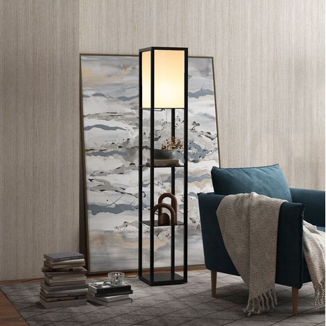 Lampadaire avec étagères E27 40 W, 26 x 26 x 160 cm, noir, pour salon et chambre, OKWISH (1/5)