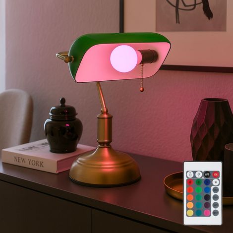 Lampe de bureau LED RGB Lampe de bureau verre vert Lampe de lecture, abat-jour orientable, interrupteur à tirette, 1x douille E27, LxH 26,5x36 cm