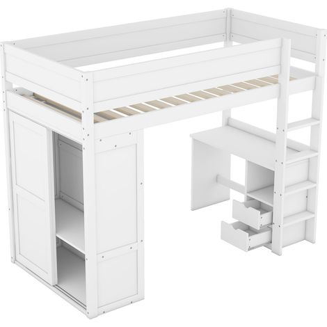 Letto a Soppalco 90×200 cm, Letto Singolo con Armadio, Scrivania, 2 Cassetti e Ripiani, senza Materasso, Bianco (1/4)