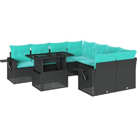9-teiliges Gartensofa-Set mit Kissen, schwarzes Polyrattan vidaXL (1/5)