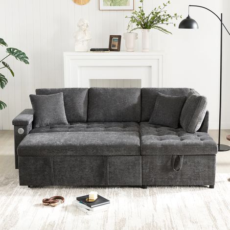 Canapé angle convertible 209x130x84 cm 3 à 4 places avec coffre rangement accoudoir porte gobelet USB 2 coussins Chenille Gris (1/5)