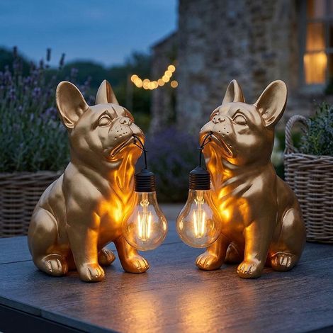 2 lampade solari a LED per esterni, lampada da giardino color oro a forma di bulldog, altezza 23,5 cm (1/5)