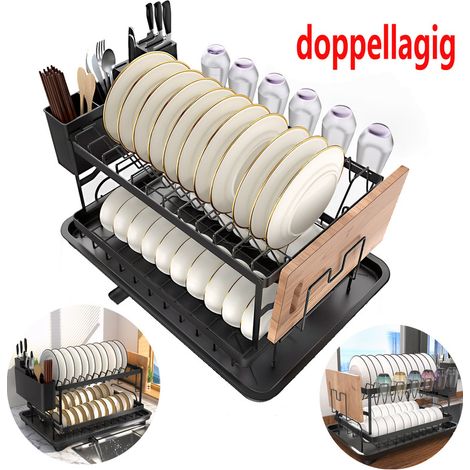 2‑stufiges Abtropfgestell mit Tassen‑ und Utensilienhalter, Geschirrabtropfgestell mit 360° Abfluss und Drainageplatte, Platzsparend für Küche, Edelstahl‑Optik, 42×30×30 cm (1/5)