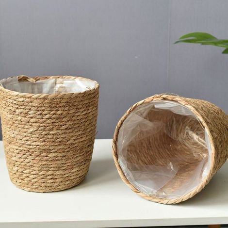 Pot de fleurs rond en jonc de mer tressé avec insert en plastique pour plantation - Pot de fleurs - 34 cm naturel (1/4)
