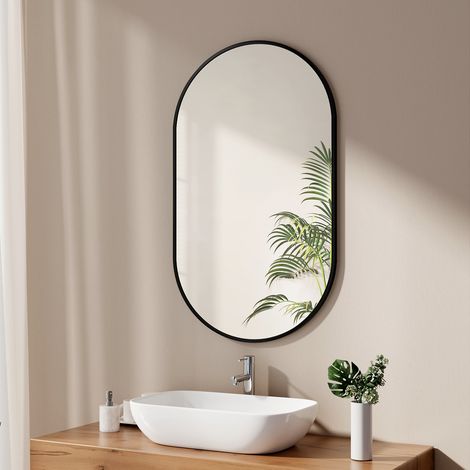 EMKE Miroir simple de salle de bain ovale, Miroir mural horizontal/vertical - Cadre noir 60x100cm (1/5)