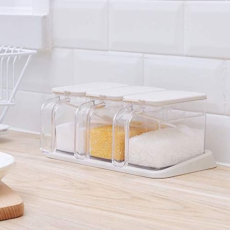 Boîte à épices transparente, lot de 3 pots de rangement transparents pour épices, sel et sucre, avec cuillères incluses. (1/5)