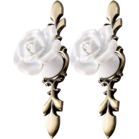 Lot de 2 boutons de porte vintage en céramique, en forme de rose, pour meubles de cuisine (bronze blanc) (1/4)