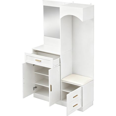 ELVMI Mobile da Ingresso con Specchio e Panca Portascarpe, Ripiani Regolabili, in MDF, 110 x 33 x 185.5 cm, Bianco (1/4)