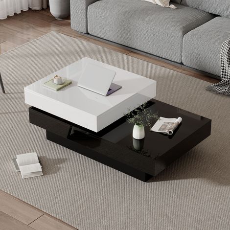 Mesas de centro fijas 100x60x35,5 cm, diseño moderno y minimalista, aglomerado, mesa de salón, doble capa, giratoria, blanco y negro (1/5)