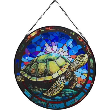 Vitrail suspendu pour fenêtres, 20 cm, panneau en verre en forme de tortue, décoration de Noël, décoration de cour