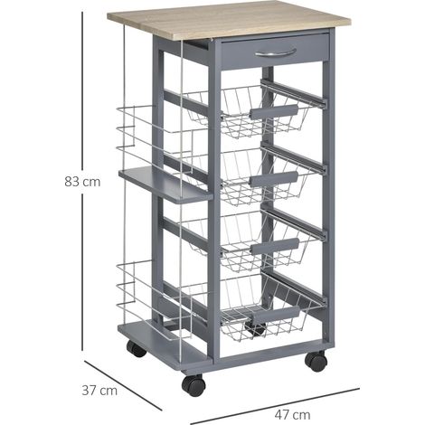 Chariot de cuisine gris foncé avec 1 tiroir et 4 paniers métalliques, idéal pour organiser ustensiles et provisions avec mobilité et style industriel. (1/5)
