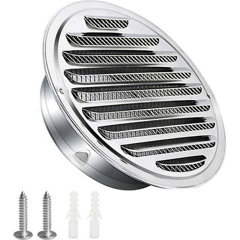[NIEMALS VERWENDET] Lüftungsgitter aus Edelstahl 100mm mit Schrauben und Dübeln Wetterschutz Lamellen mit Moskitonetz und Schlaufe Rundes Luftaustrittsgitter Schraub- und Flanschgitter (1/4)