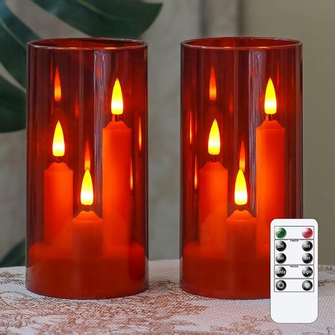 Bougie conique sans flamme 3 en 1 avec télécommande à 10 boutons et minuterie, alimentée par piles, lot de 2 bougies colonnes LED en acrylique, 7,6 cm x 15,2 cm, lumière chaude vacillante. (1/5)