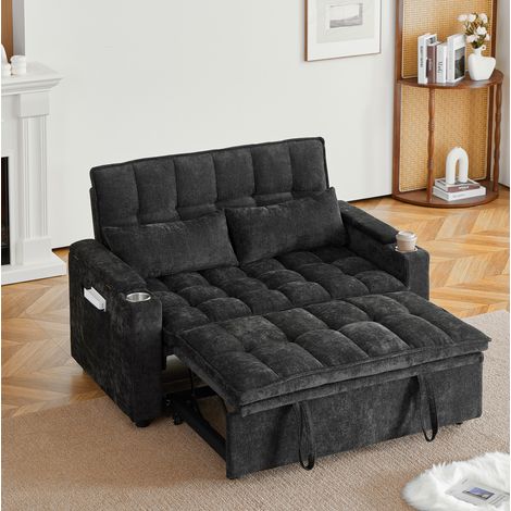 Sofá cama convertible 3 en 1 de chenilla negra 142 cm con almacenaje y portavasos - CHICFURN (1/5)