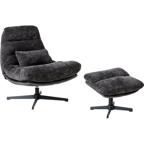 Sillón giratorio chenilla con reposapiés base de una pata estilo mediados de siglo negro Tovik