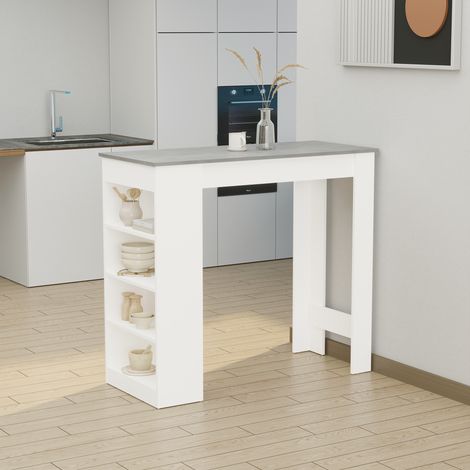 Mesa alta de bar para 2 personas, con 4 estantes abiertos, 115x50x102,7 cm, blanca y gris.