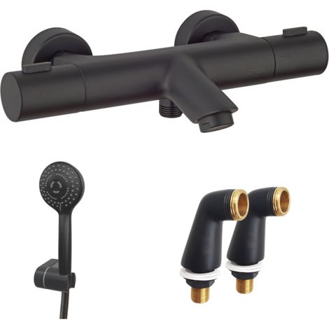 PAINI Mezclador termostático para baño-ducha Ruby + Kit ducha de mano redondo 3 chorros Ruby mini + Columnas negro mate