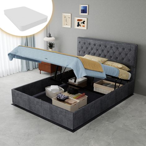 Lit rembourré minimaliste moderne, tête de lit confortable et douce, 140200CM, gris, meuble de chambre multifonctionnel, lit coffre haut avec vérin pneumatique, matelas 140200 cm inclus.