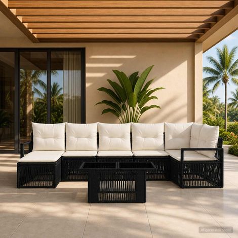 vidaXL Conjunto de sofás de jardín 8 uds. Negro y Blanco Crema (1/5)