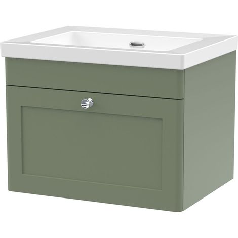 Swynnerton Traditional 1 Drawer Wall Hung Vanity Unit with Fireclay Basin, Satin Green, 600mm