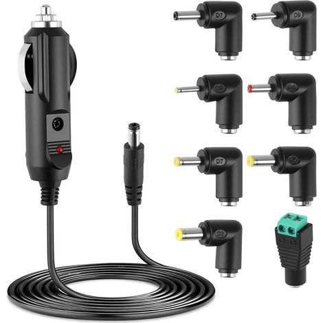 Caricabatterie da auto 12V 2A con 8 punte intercambiabili, alimentatore da 24W CC per accendisigari per DVD, GPS, fotocamera, tablet, altoparlante, tiralatte, stampante di etichette, striscia LED (1/5)