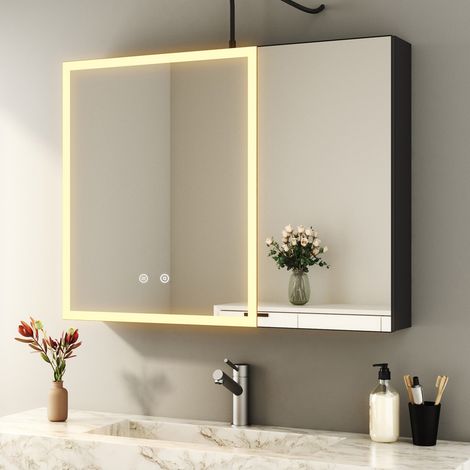 Schwarz Spiegelschrank Bad mit Beleuchtung 80x60 cm Badezimmer Spiegelschrank mit Beleuchtung Badspiegel Schwarz Badezimmerschrank mit Spiegel bad Hängeschränke mit 3 Einstellbare Lichtfarben + Beschl (1/5)