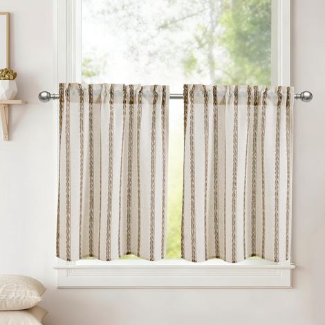 Rideau brise-bise pour cuisine Taupe et rayures de blé H60xL60cm 2 pièces Rideau mi-transparent court en lin pour fenêtre Rideau de bistrot pour chambre à coucher Rideau de placard (1/5)