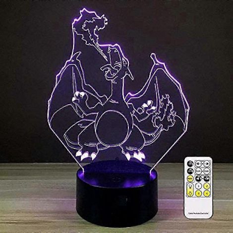 Lampe veilleuse jouet Charizard à illusion d'optique 3D Wekity (25-26 cm), avec télécommande, intensité réglable, alimentation par piles ou USB, 7 couleurs changeantes. (1/4)