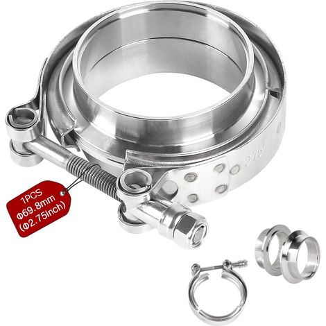 1 Pièce Collier V-Band + Flasques Ø 69,8 mm (2,75 pouces) Raccord pour échappement en Acier Inoxydable 304 Collier V avec flasques pour turbo, échappement, downpipe (Argenté) (1/5)