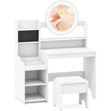 COSTWAY Kids Dressing Table with Mirror Lights Storage Shelves Rings Slots Upholstered Stool White (1/5)