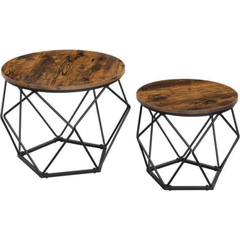 Table Basse Ronde, Lot de 2, Table d’Appoint, Style Industriel, Plateau Amovible, Cadre en Acier, pour Salon, Marron et Noir (1/5)