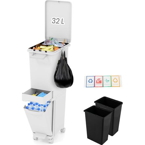 COSTWAY Poubelle Cuisine 32 L en Plastique, Poubelle Tri Selectif 2 Bac avec Tiroir, 2 Seaux Amovible, Poubelle Pédale Étroite 26 cm, Fermeture à Pression, Roues avec Frein (Blanc) (1/5)