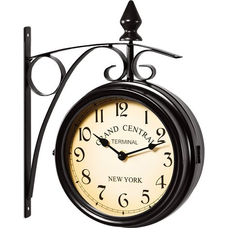 Monzana Reloj de Pared Estilo Retro Reloj de Cuarzo Vintage Doble Cara 2 Diales Soporte de Hierro Forjado Estilo Estación de Tren Negro (1/7)