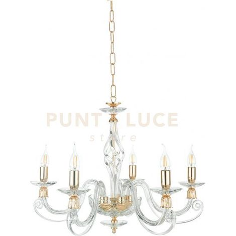 LAMPADARIO 1306 5 LUCI TRASPARENTE E ORO ATTACCO E14 D.76CM