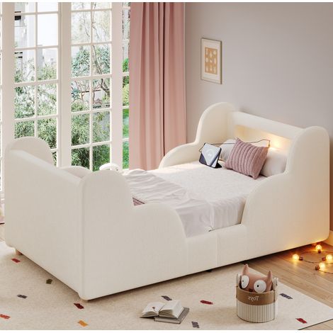 Letto per bambini stile nuvola in bouclé beige 90x200 cm con sponde imbottite, luce notturna, USB/Type-C e rete a doghe