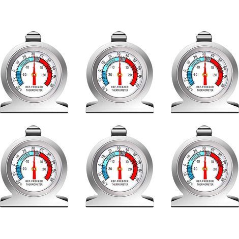 Großes Edelstahl-Kühlschrankthermometer mit großem Zifferblatt, 6er-Set, mit Aufhängehaken und Ständer, für Gefrier- und Kühlschränke. (1/5)