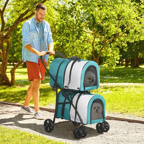 Poussette Double Chiens Chats Pliable Cages Amovibles Ceinture Coussins Animaux Compagnie Vert Gris 66x50x98cm (1/4)