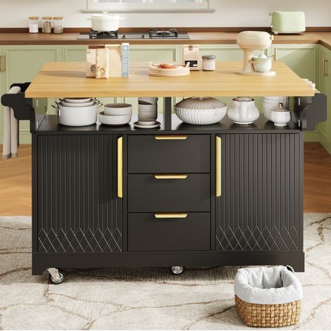 Mobile Kücheninsel 120x40x95 cm aus schwarzem MDF mit klappbarer Platte – MEUBLIV (1/5)