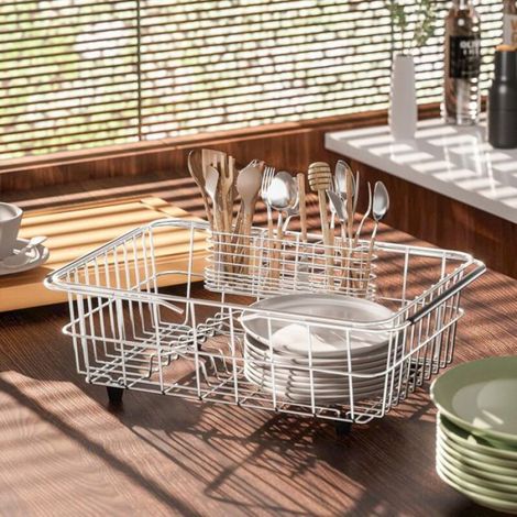Porte-ustensiles cuisine acier inox 304 organiseur panier égouttage avec crochets antirouille argent (1/4)