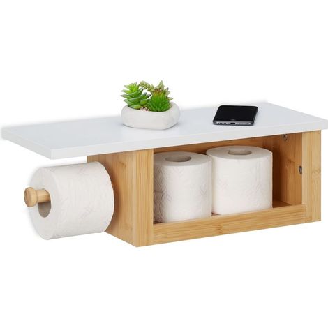 Dérouleur papier toilette avec étagère en bambou, compartiment ouvert pour rouleaux supplémentaires, dimensions HxLxP 17x50x18 cm, design nature et blanc pour salle de bain (1/5)