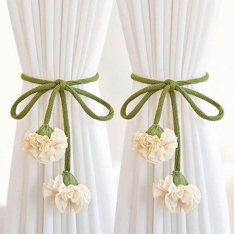 2  Pièces Attache Rideau Corde, Fleur Embrasse pour Rideaux, Embrasse Rideau Oeillet, Bohème Embrasses à Rideaux, Embrase de (Vert, Beige)