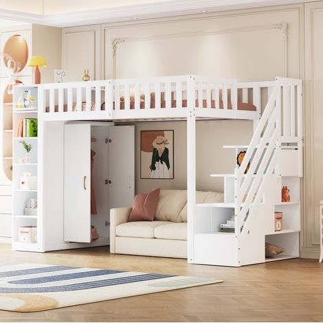 Cama alta de madera blanca de 90x200 cm con armario, estantes, espacio de almacenamiento y somier de láminas incluido. (1/5)