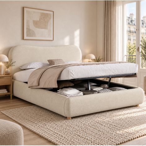 Lit coffre adulte 160x200 cm tissu chenille beige avec sommier à lattes, sans matelas - CHICFURN (1/5)