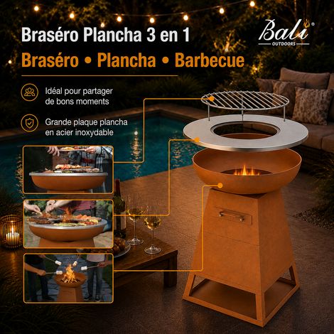 BALI OUTDOORS Braséro Plancha 3 en 1 Ø58,5 cm, barbecue extérieur au bois et charbon, plancha inox, grille barbecue, bac à cendres amovible, finition rouille
