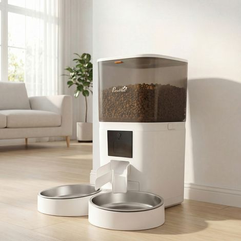 Distributeur Croquettes Chat Automatique 2 Animaux 6L Double Bol Inox WiFi Tuya App ABS 37x36x35cm Blanc (1/5)