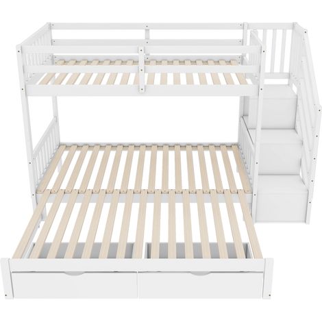 Litera 90 x 200 cm con cama nido, somier de láminas, 2 cajones, pino y MDF, blanco (1/5)