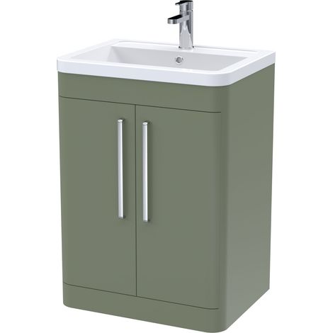 Balterley Aldershawe Contemporary Floor Standing 2 Door Bathroom Vanity Unit & Ceramic Basin, Satin Green, 610mm